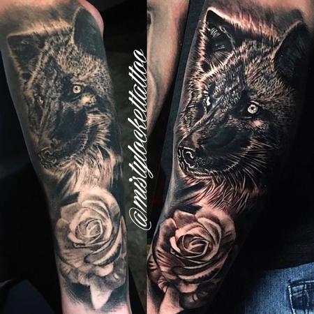 Tattoos - Black and grey wolf with rose - 132211
